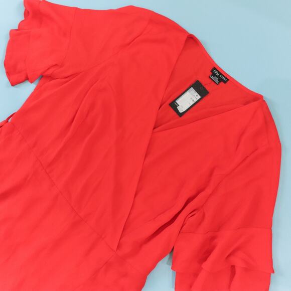 NEW City Chic Bright Red Wrap Front Ruffle Hem Dress Short Sleeve Size US 20 - Picture 3 of 9